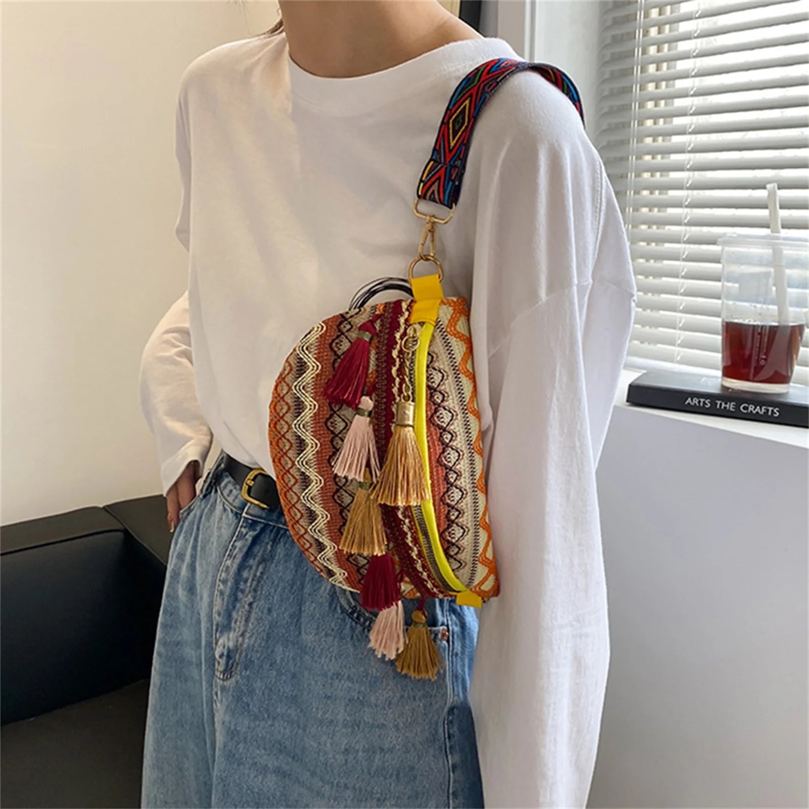 Ethnic Style PU Leather Stripes Shoulder Bag Tassel Mini Purse Handbag
