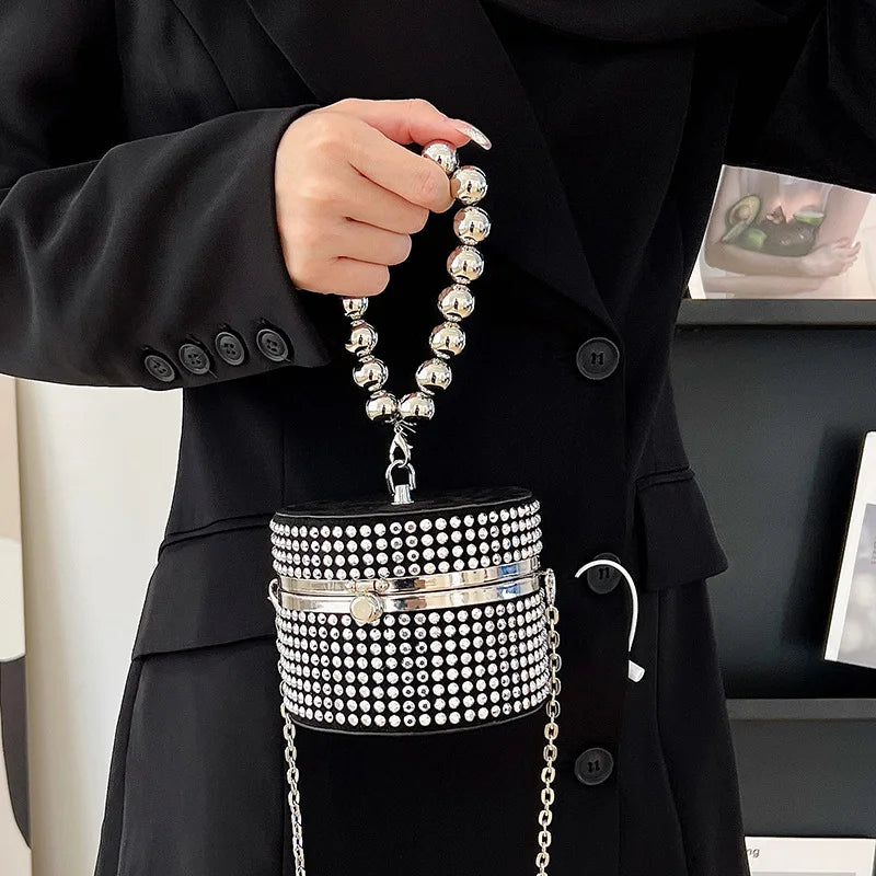Silver Rivet Circular Clutch Bag Chain Messenger Diamond Shoulder Bag