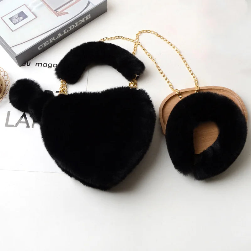 Faux Fur Chain Shoulder Bag & Headband Set