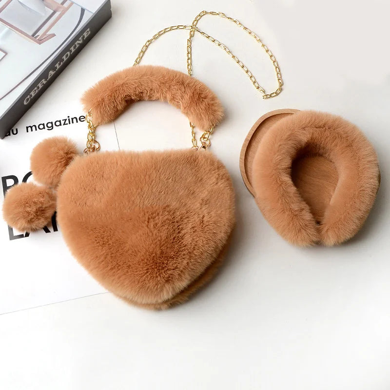 Faux Fur Chain Shoulder Bag & Headband Set