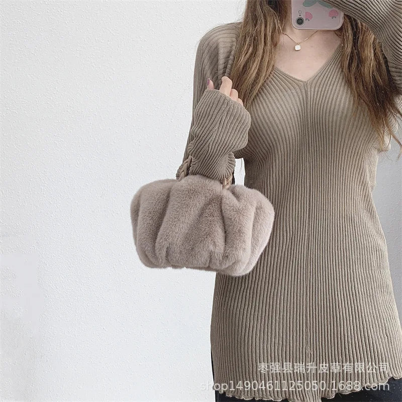 Faux Fur Small Tote Women Handbags Lambswool Shoulder Bags