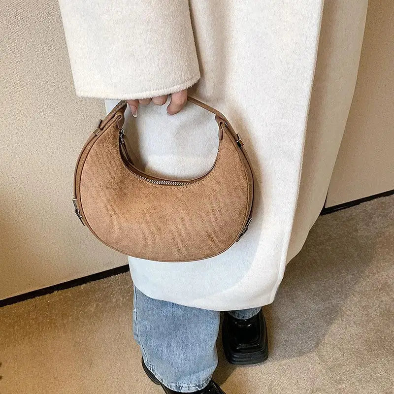 Faux Suede Half Moon Handbag Winter Shoulder Bag