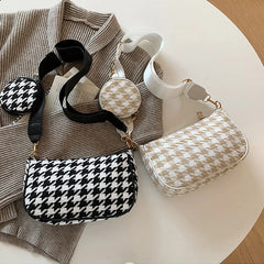 Vintage Plaid Shoulder Bags with Mini Round Purse Pendant