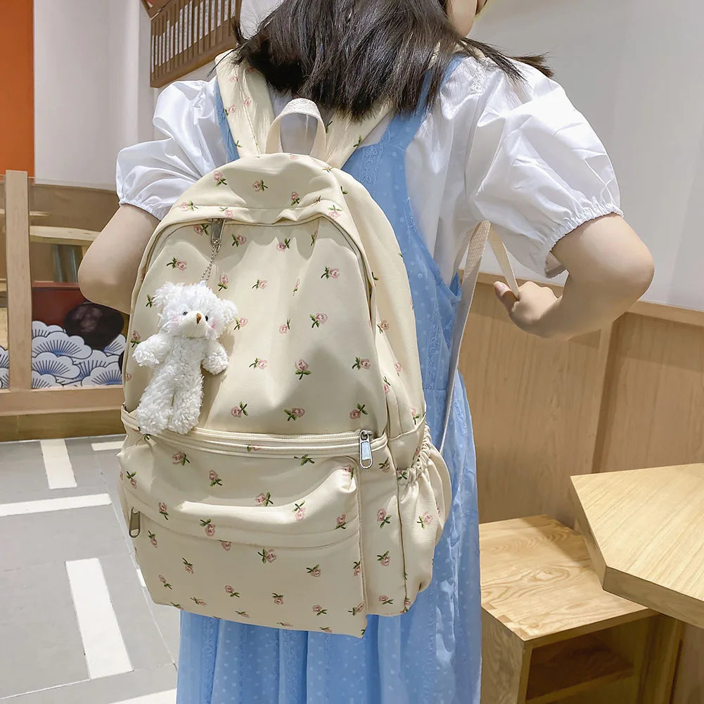 Floral Backpack Nylon Preppy Style Large Capacity Schoolbag College Girl Travel