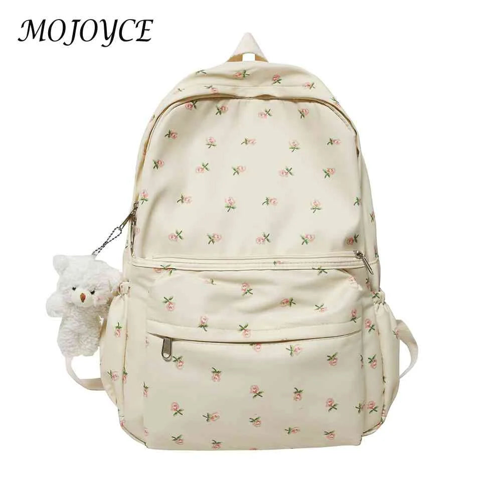 Floral Backpack Nylon Preppy Style Teenage Girl Bags with Pendant
