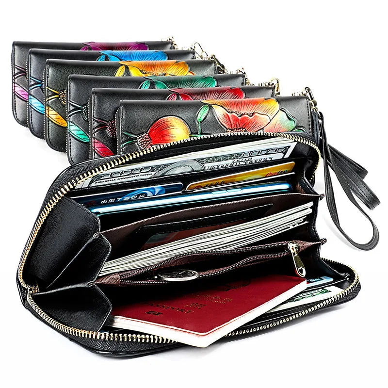 Flower Women Wallets Leather Long Zipper Wallet Ladies Purse Clutch