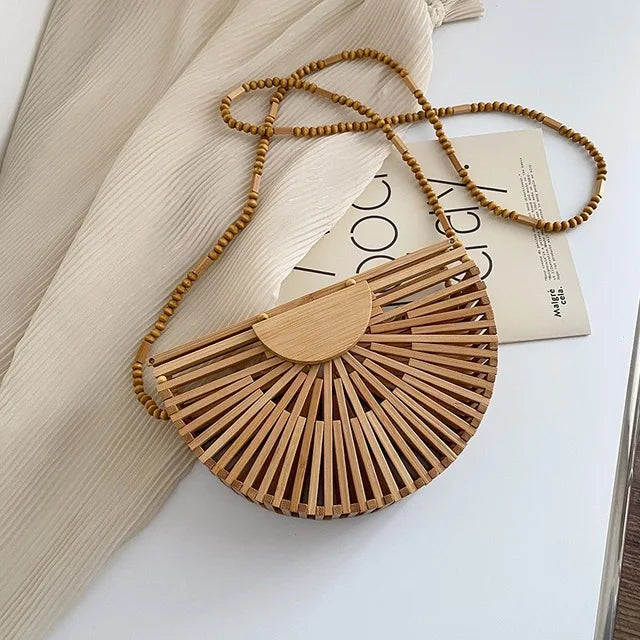 Half Moon Bamboo Shoulder Crossbody Bag Women Rattan Beach Straw Phone Purse