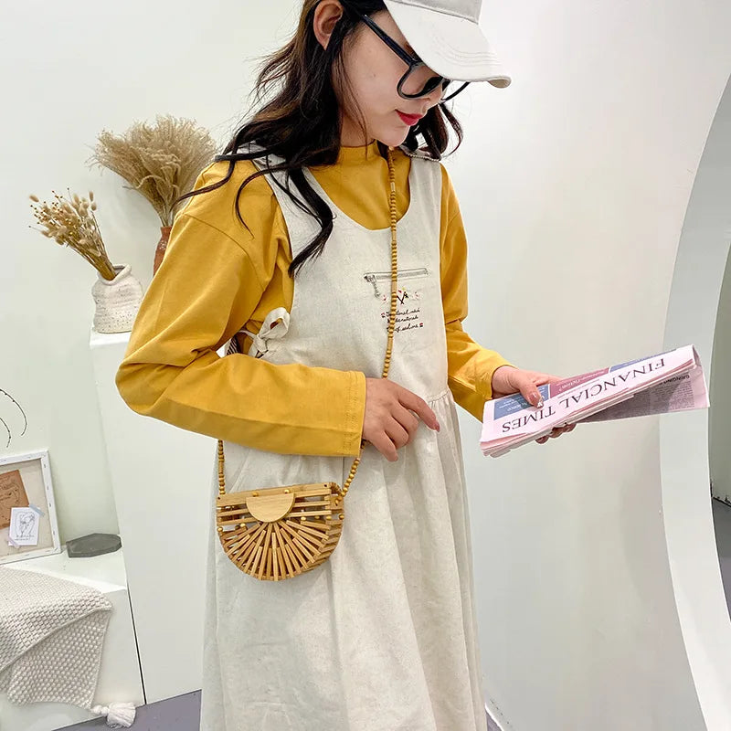 Half Moon Bamboo Shoulder Crossbody Bag Women Rattan Beach Straw Phone Purse