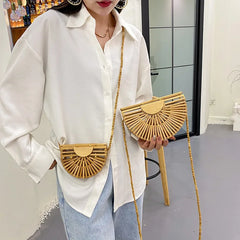 Half Moon Bamboo Shoulder Crossbody Bag Women Rattan Beach Straw Phone Purse