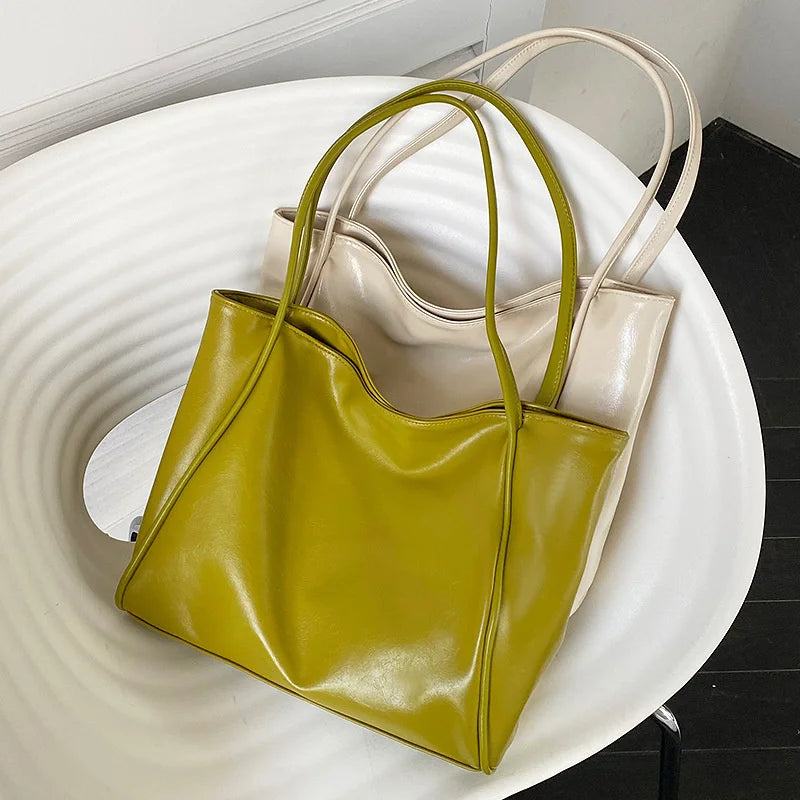 Oilskin Tote Bag Soft PU Leather Women Shoulder Bag