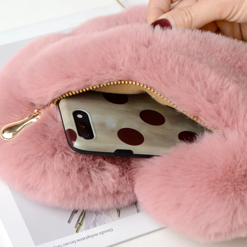 Heart-Shaped Women Handbag Fluffy Fur Crossbody Bags