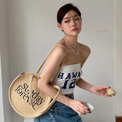 Round Letter Women Straw Shoulder Bag for Traveling HandBag
