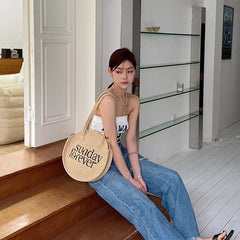 Round Letter Women Straw Shoulder Bag for Traveling HandBag