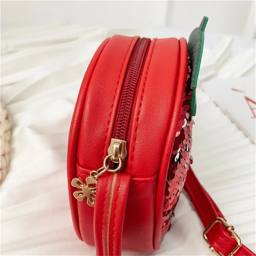 Girls Sequin Zipper Handbag PU Leather Fruit Shape Messenger Bag
