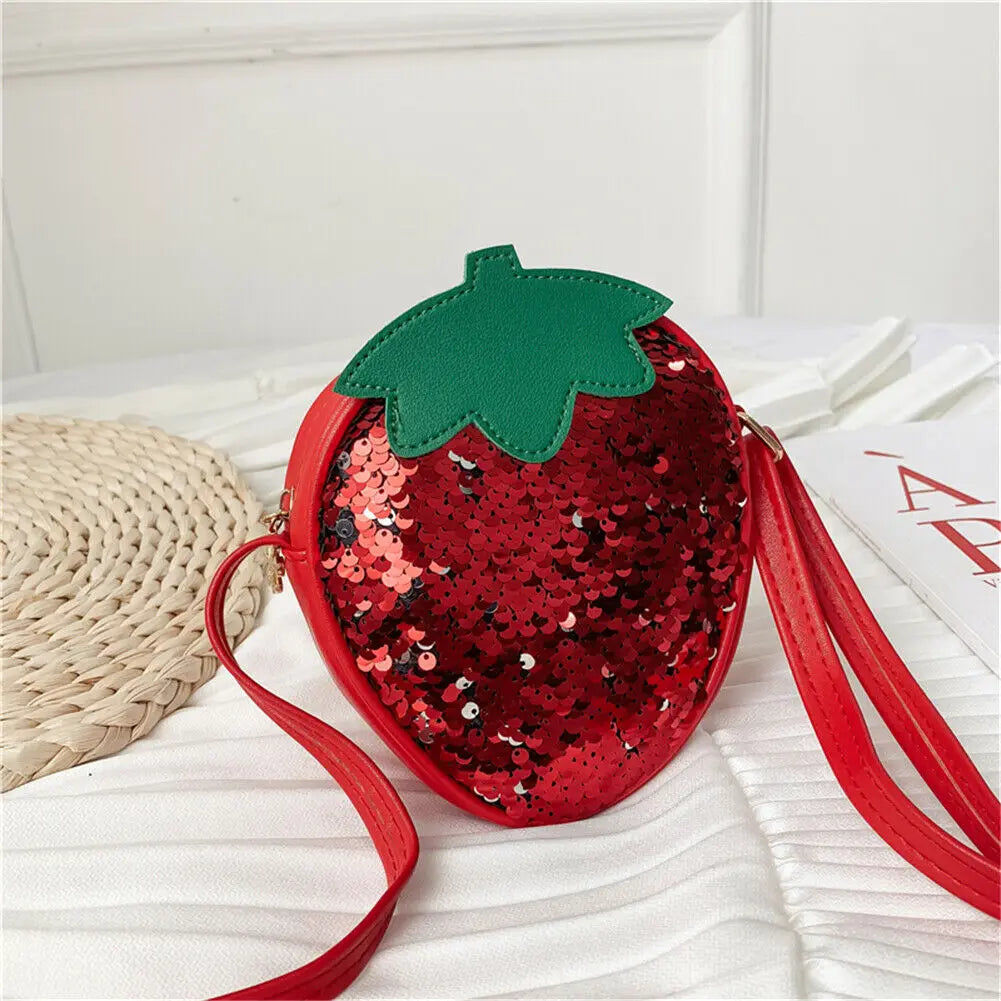 Girls Sequin Zipper Handbag PU Leather Fruit Shape Messenger Bag