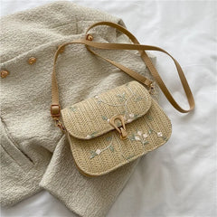 Lace Flower Shoulder Crossbody Bag Straw Summer Beach Shopper Bag