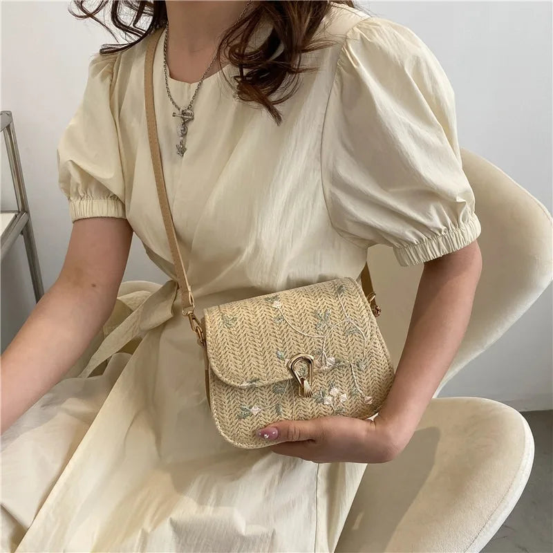 Lace Flower Crossbody Straw Bag for Girls
