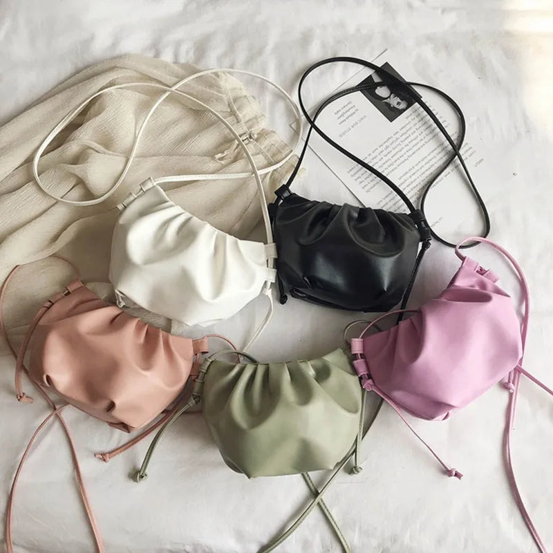 Pleated Messenger Bag Women Solid Mini Zipper Cloud Bag Girls