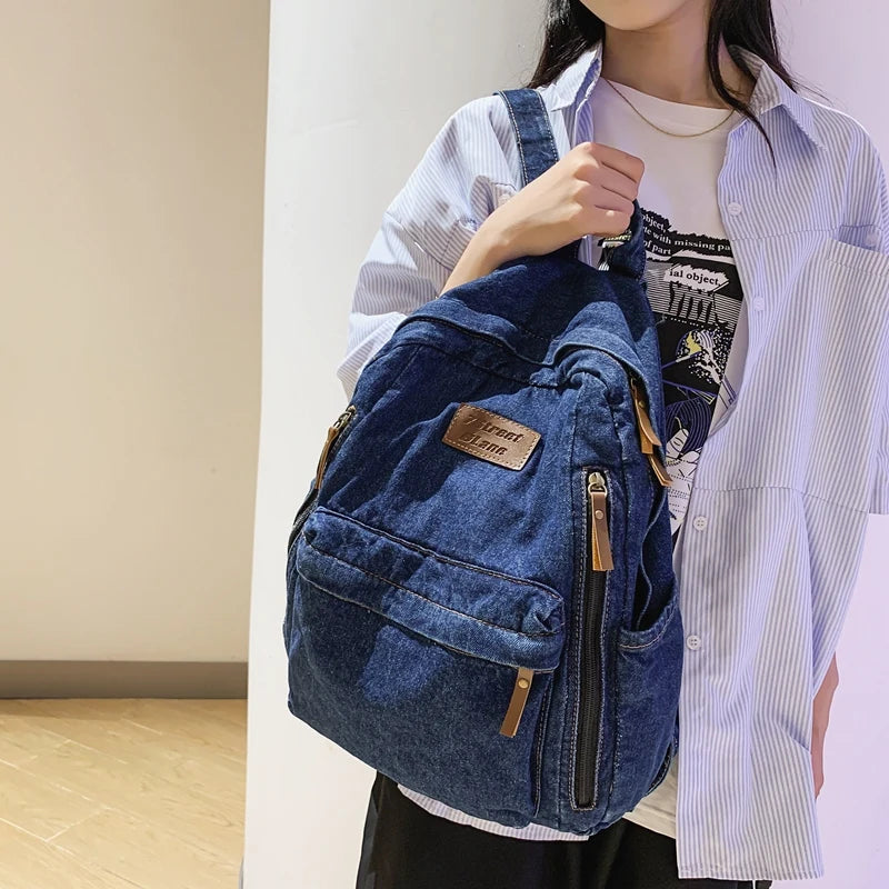 Soft Canvas School Backpack Denim Boy Girl Travel Student Bag