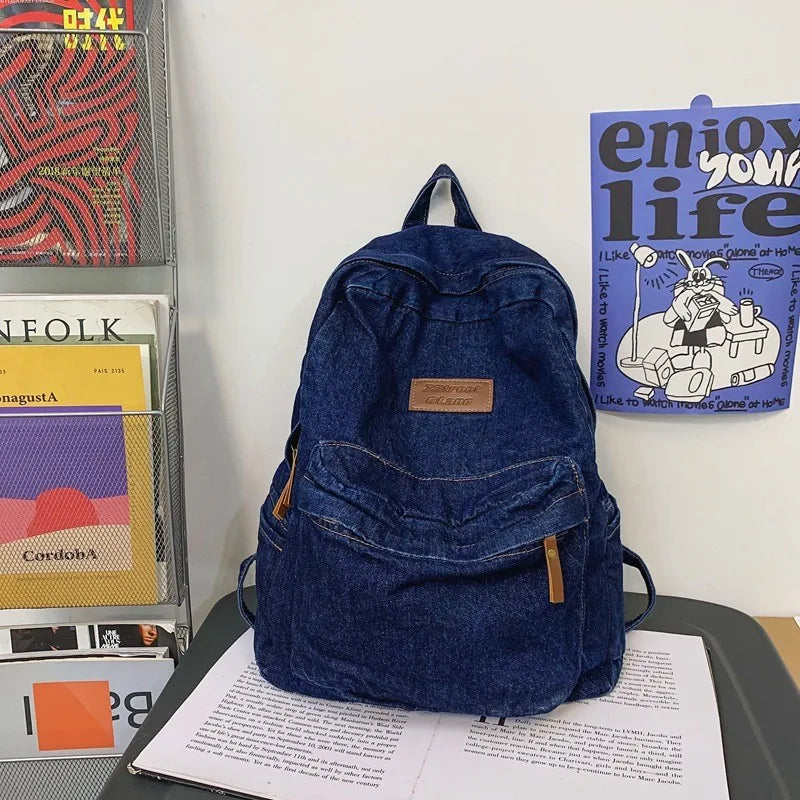 Soft Canvas School Backpack Denim Boy Girl Travel Student Bag