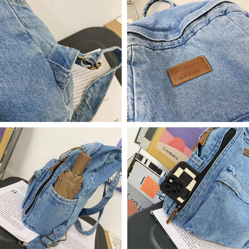 Soft Canvas School Backpack Denim Boy Girl Travel Student Bag