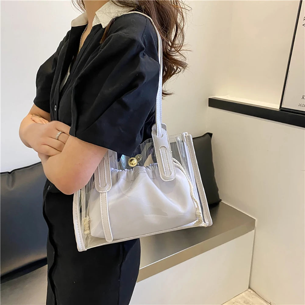 Women's PVC Transparent Shopping Bag PU Jelly Tote Shoulder Beach Handbag