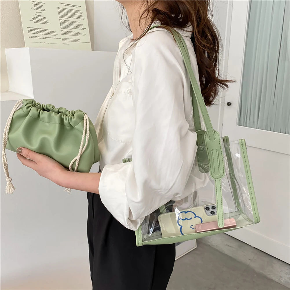 Women's PVC Transparent Shopping Bag PU Jelly Tote Shoulder Beach Handbag