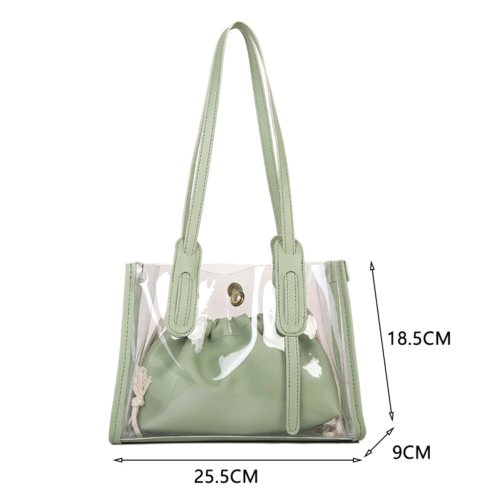 Women's PVC Transparent Shopping Bag PU Jelly Tote Shoulder Beach Handbag