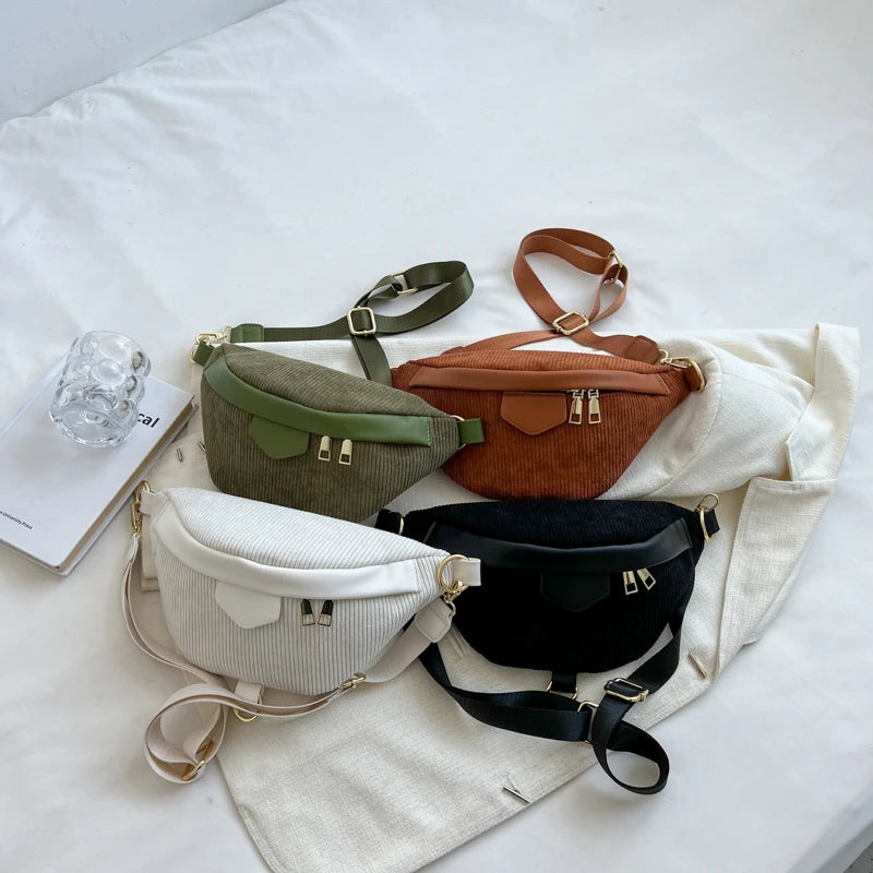 Corduroy Lady Waist Bag Winter Belt Pack Casual Phone Crossbody Chest Bags