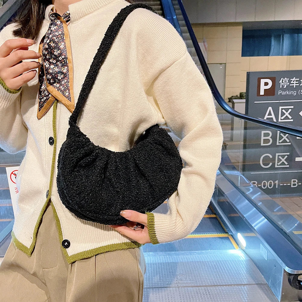 Lady Woolen Small Pleated Shoulder Underarm Bags Fluffy Clutch Solid Shop