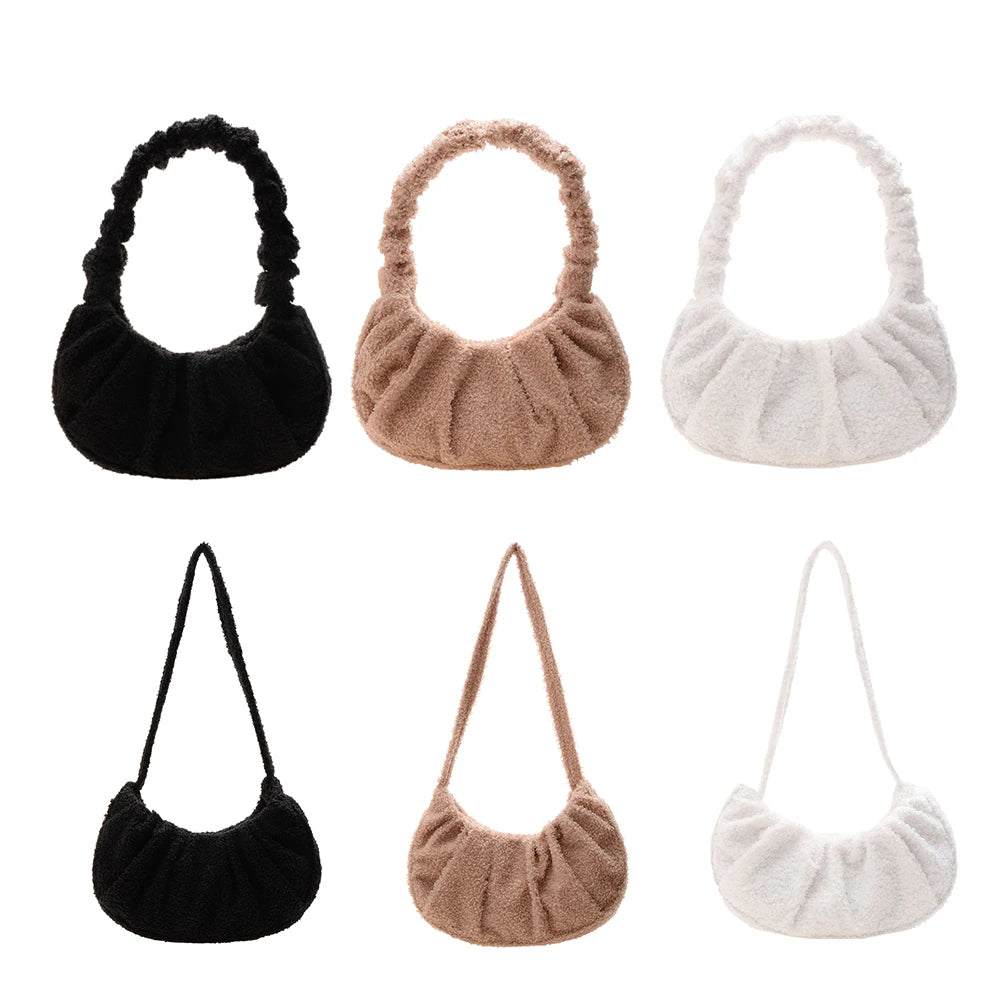 Lady Woolen Small Pleated Shoulder Underarm Bags Fluffy Clutch Solid Shop