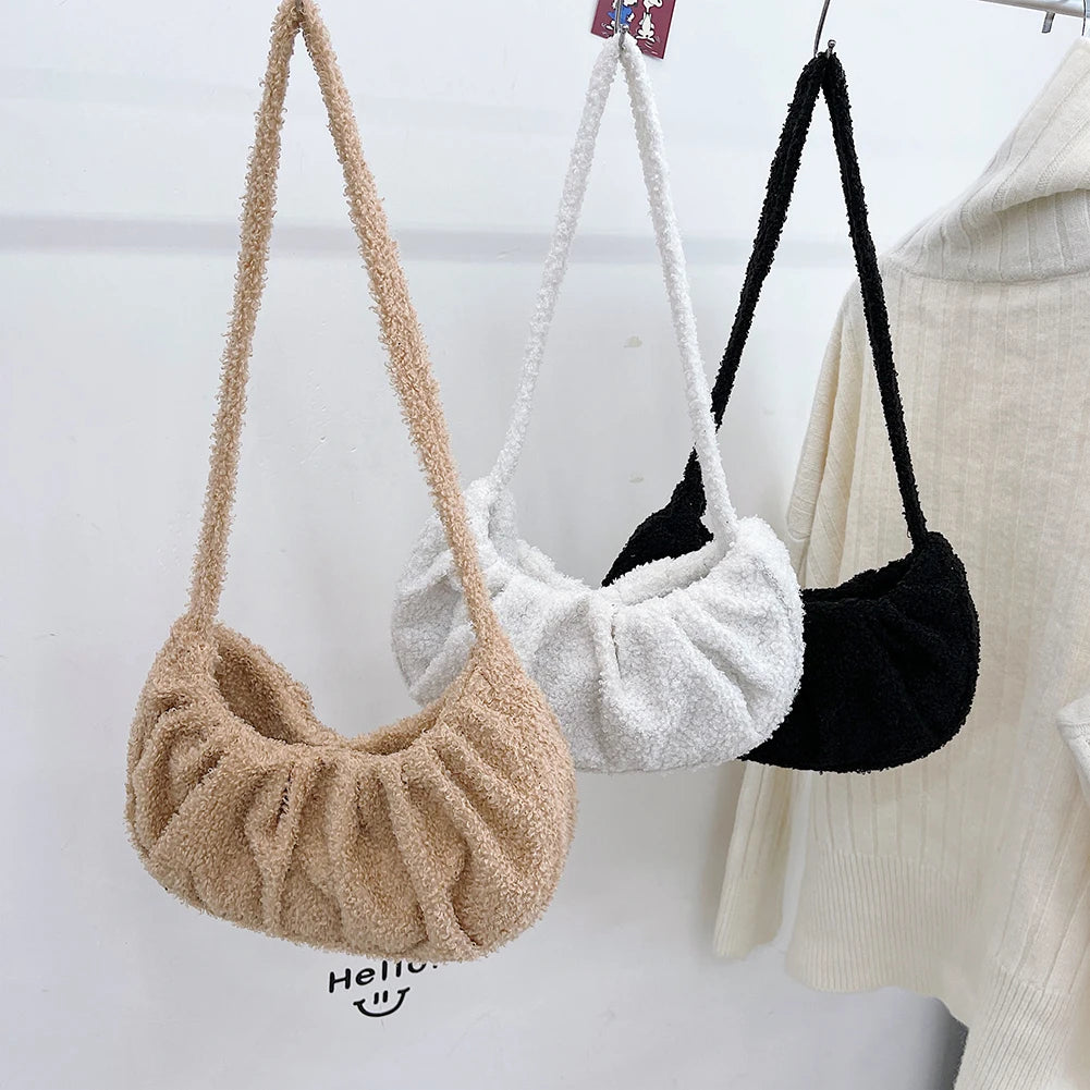 Lady Woolen Small Pleated Shoulder Underarm Bags Fluffy Clutch Solid Shop