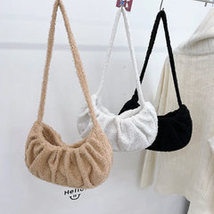 Lady Woolen Small Pleated Shoulder Underarm Bags Fluffy Clutch Solid Shop