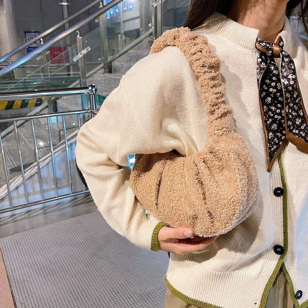 Lady Woolen Small Pleated Shoulder Underarm Bags Fluffy Clutch Solid Shop