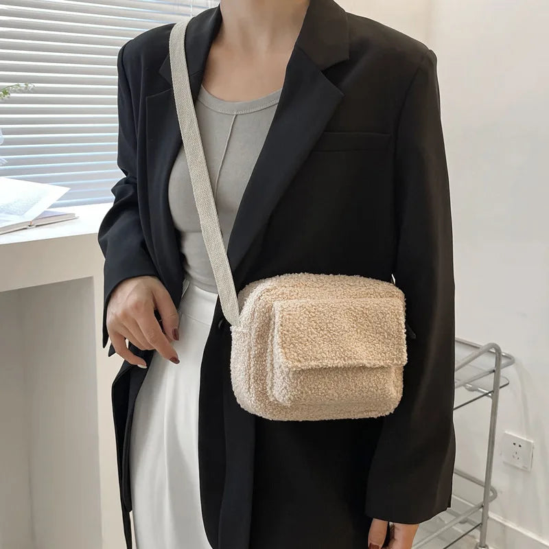 Lamb Plush Shoulder Bags Brown Zipper Pockets Crossbody Small Shopping Bags