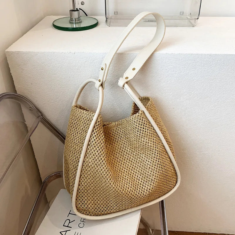 Large Capacity Straw Shoulder Bag for Women Daily Shopping with Zipper