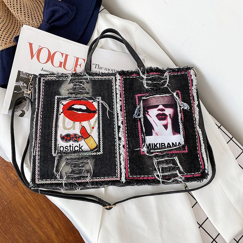 Large Pocket Casual Tote Women's Handbag Shoulder Handbags Denim Leather