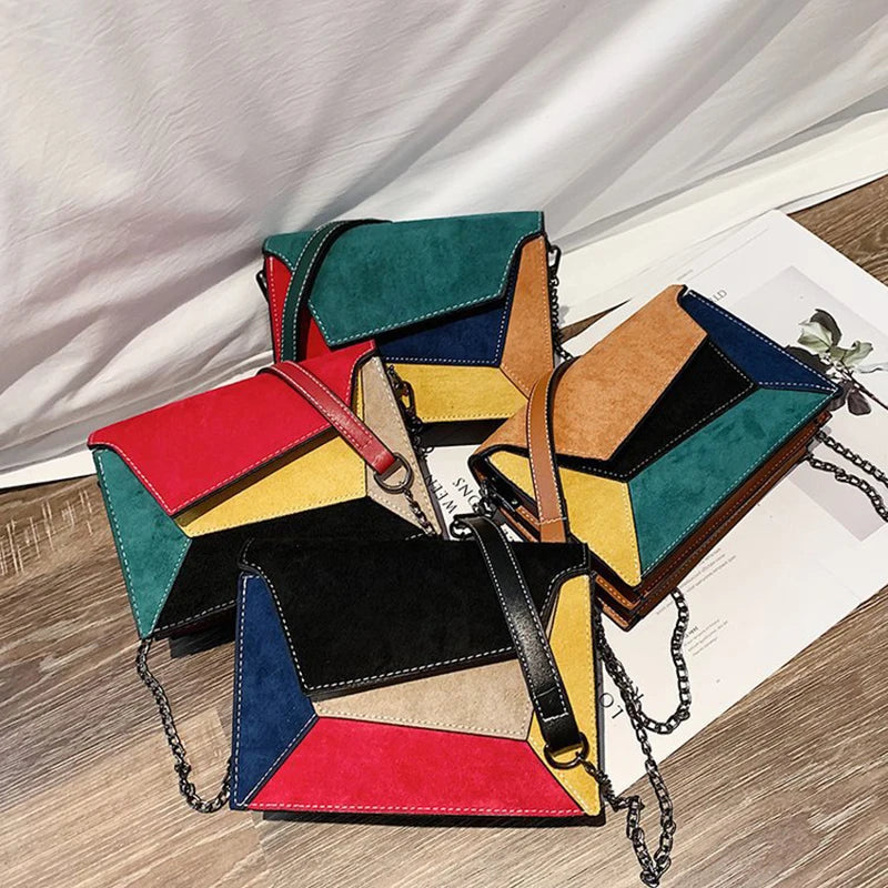 Leather Patchwork Women Messenger Bag Chain Strap Shoulder Bag