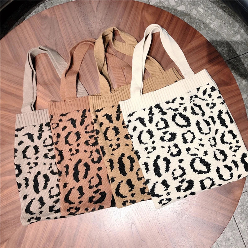Leopard Knitted Shoulder Bag Large Capcaity Tote Girls Armpit Handbag Purse