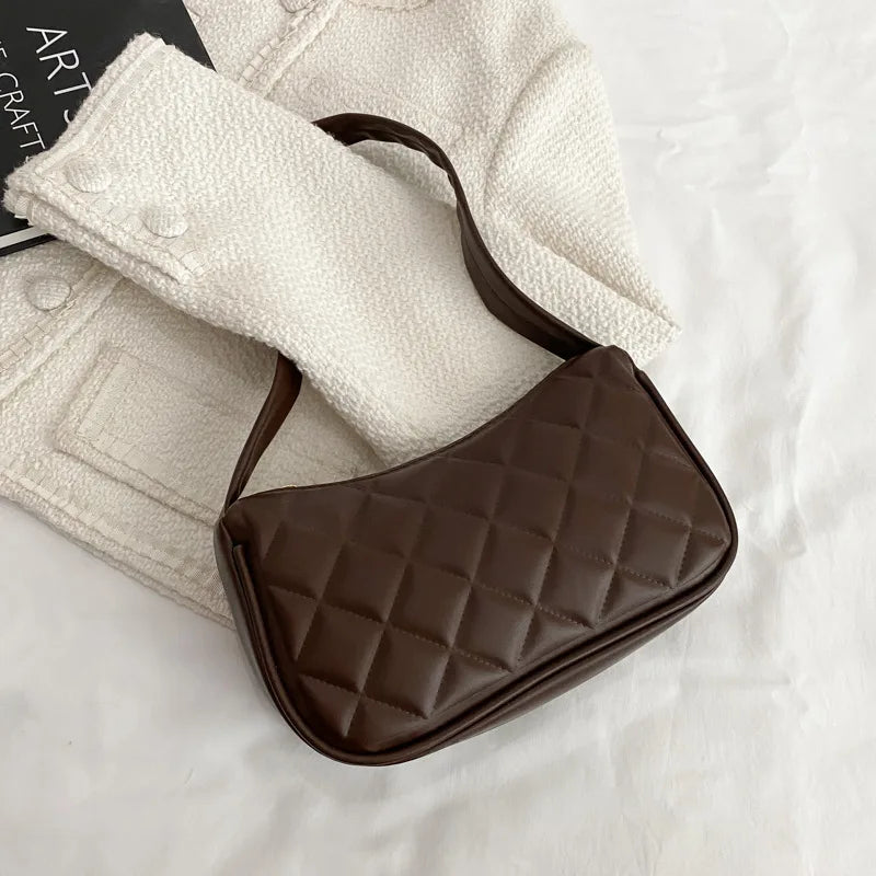 Lingge Shopping Bag PU Leather Underarm Shoulder Bag Texture Zipper Solid