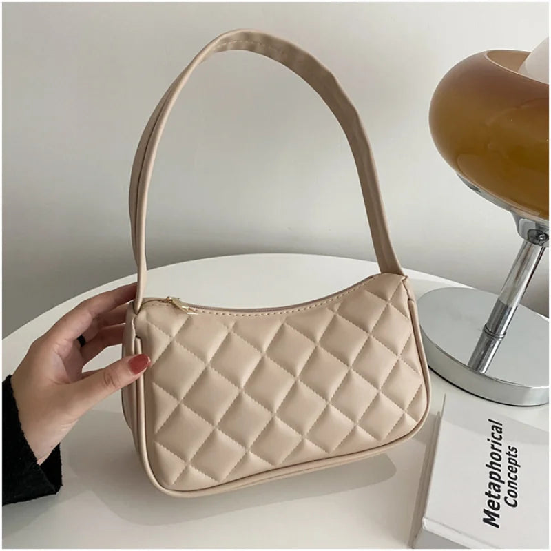 Lingge Shopping Bag PU Leather Underarm Shoulder Bag Texture Zipper Solid