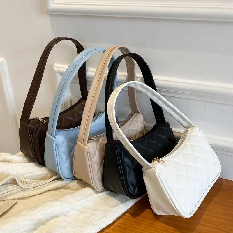 Lingge Shopping Bag PU Leather Underarm Shoulder Bag Texture Zipper Solid