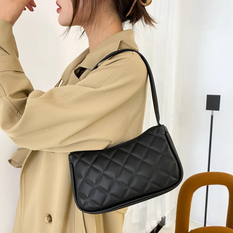 Lingge Shopping Bag PU Leather Underarm Shoulder Bag Texture Zipper Solid