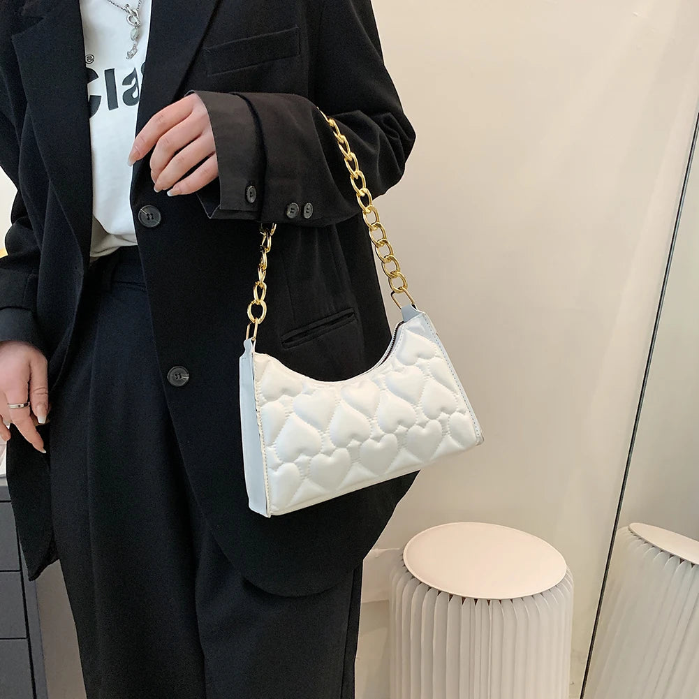 Love Heart Embossed Handbag Leather Chain Shoulder Shopping Bag