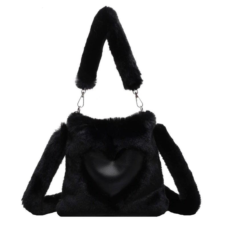 Love Shape Plush Shoulder Bag For Women Winter Handbag
