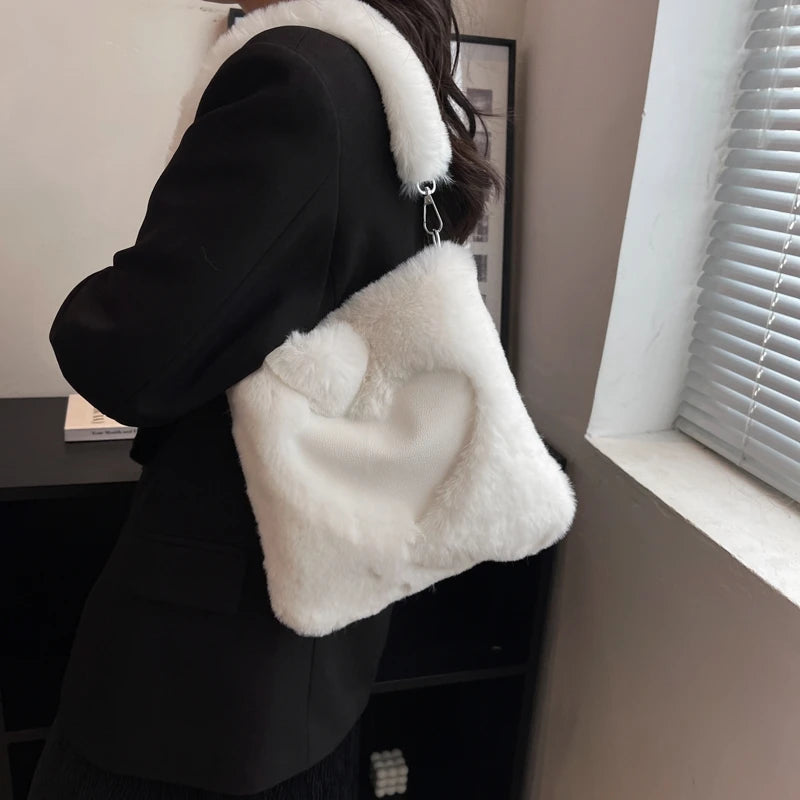 Love Shape Plush Shoulder Bag For Women Winter Handbag