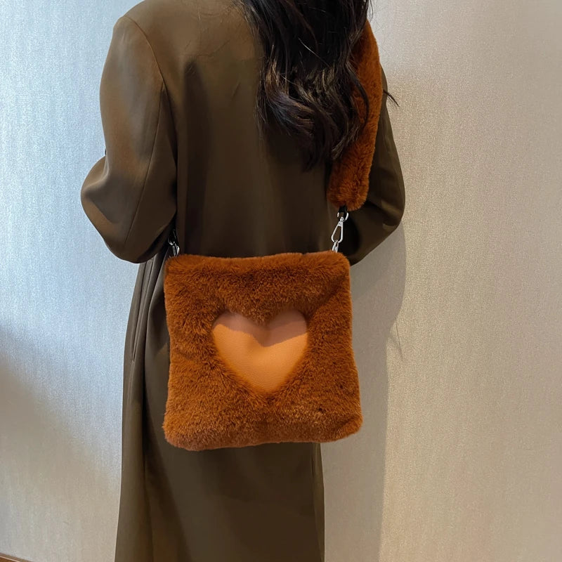 Love Shape Plush Shoulder Bag For Women Winter Handbag