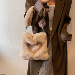 Love Shape Plush Shoulder Bag For Women Winter Handbag