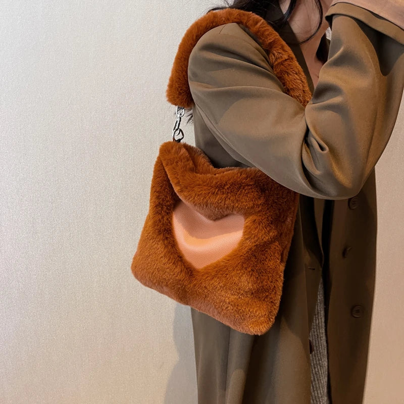 Love Shape Plush Shoulder Bag For Women Winter Handbag