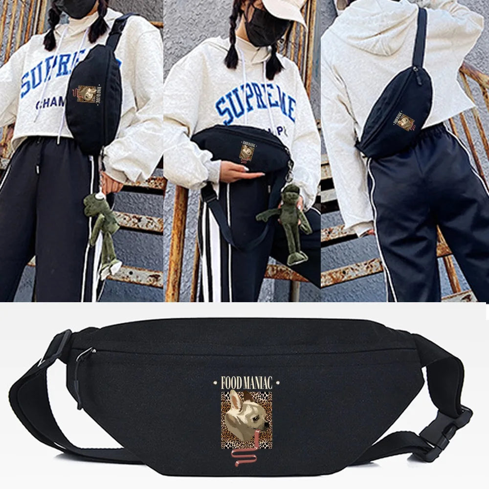 Long Tongue Puppy Print Chest Bag Zipper Belt Fanny Pack
